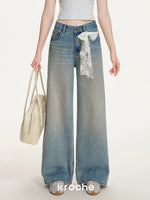 Denim Blue Lace Tie Wide-Leg Jeans