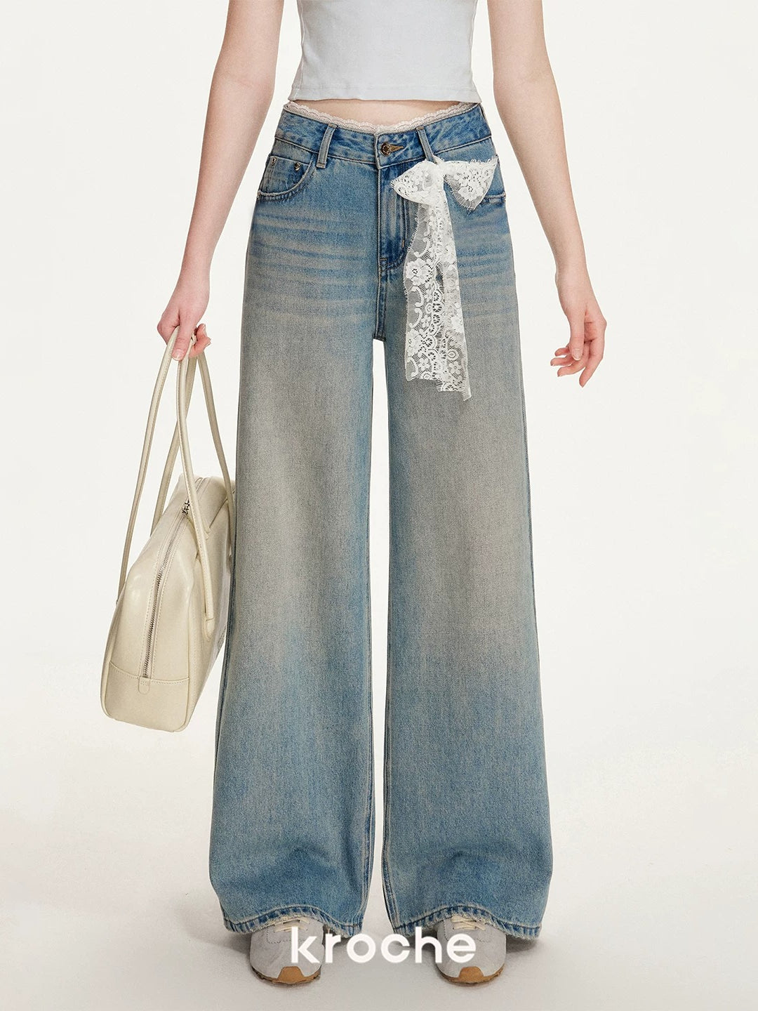 Denim Blue Lace Tie Wide-Leg Jeans