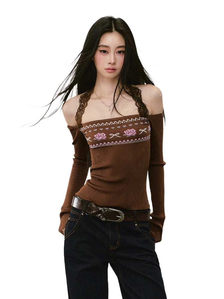 Lace Halter Two-way One-shoulder Sweater