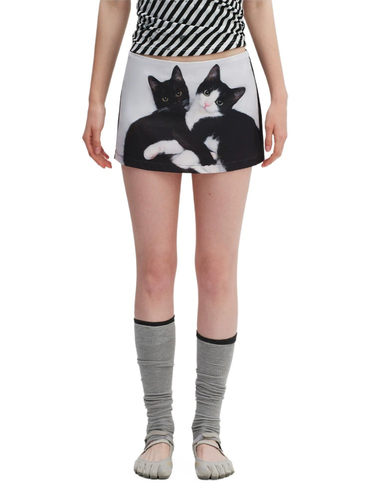 Cat Print A-Line Skirt