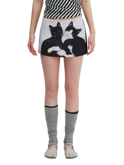 Cat Print A-Line Skirt