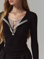 Lace Layered Spliced Henley Neck Slim Long-Sleeve