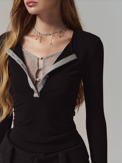 Lace Layered Spliced Henley Neck Slim Long-Sleeve
