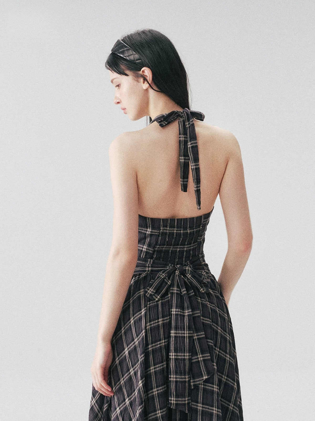 Vintage Plaid Halter Backless Midi Dress