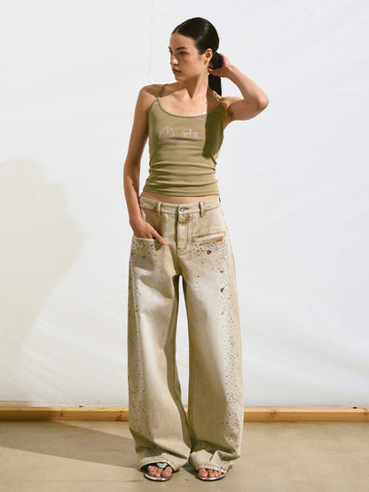 Gradient Rhinestone Mid-Waist Slim Fit Women&
