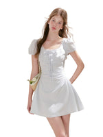 Pleated Puff Sleeve Dress