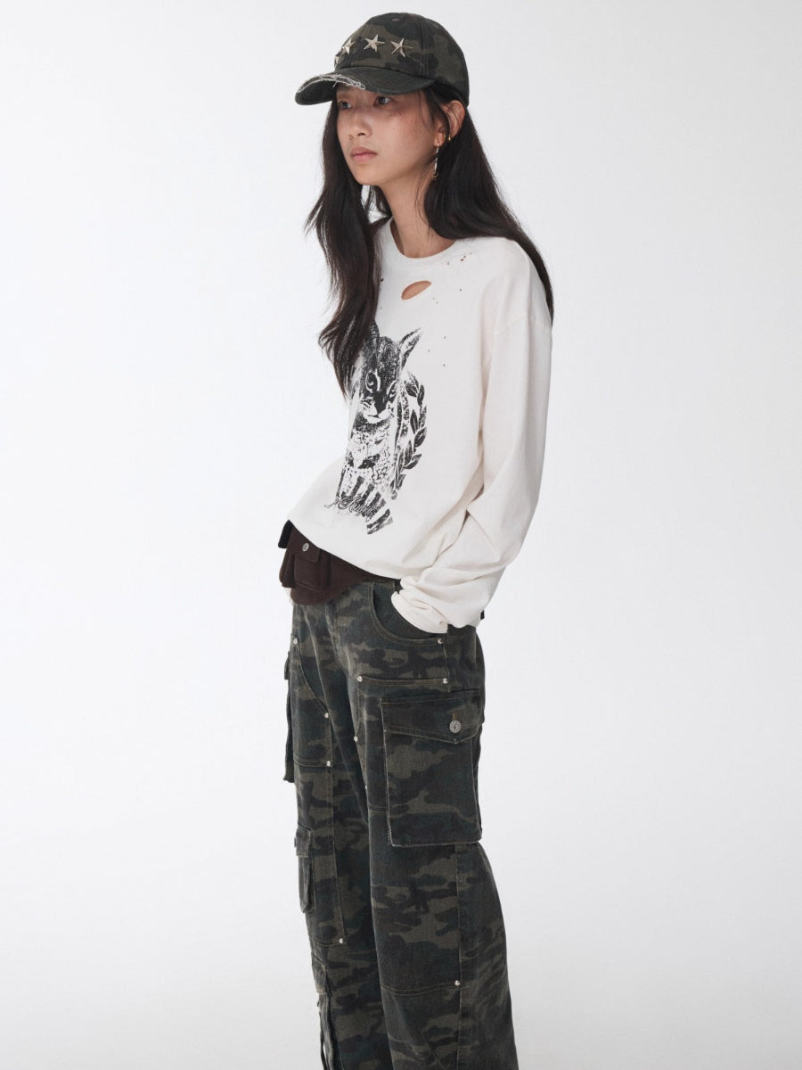 Distressed Cat Graphic Long Sleeve Cotton T-shirt