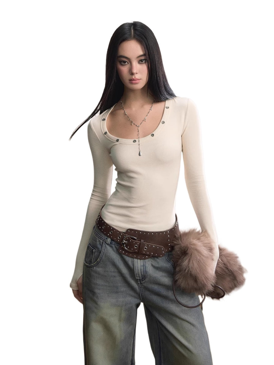 Studded Asymmetric U-Neck Long Sleeve Knit Top