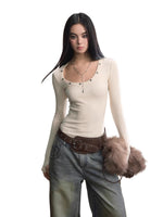 Studded Asymmetric U-Neck Long Sleeve Knit Top