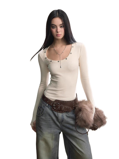 Studded Asymmetric U-Neck Long Sleeve Knit Top