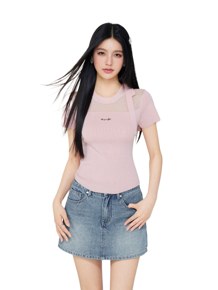 Hollow-out Tie-up Knit Round Neck Short Sleeve Top