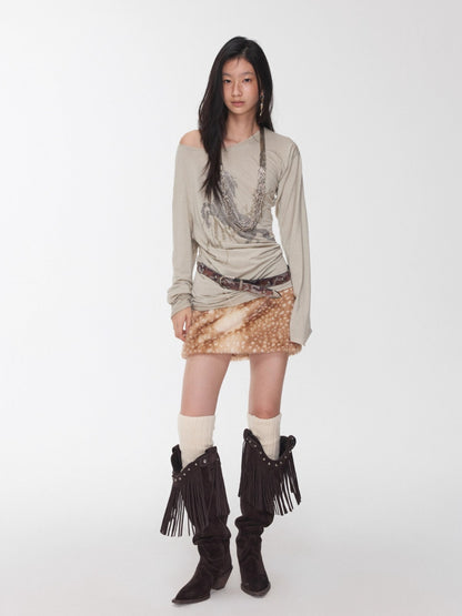 Rhinestone Embellished Asymmetric Drape T-shirt