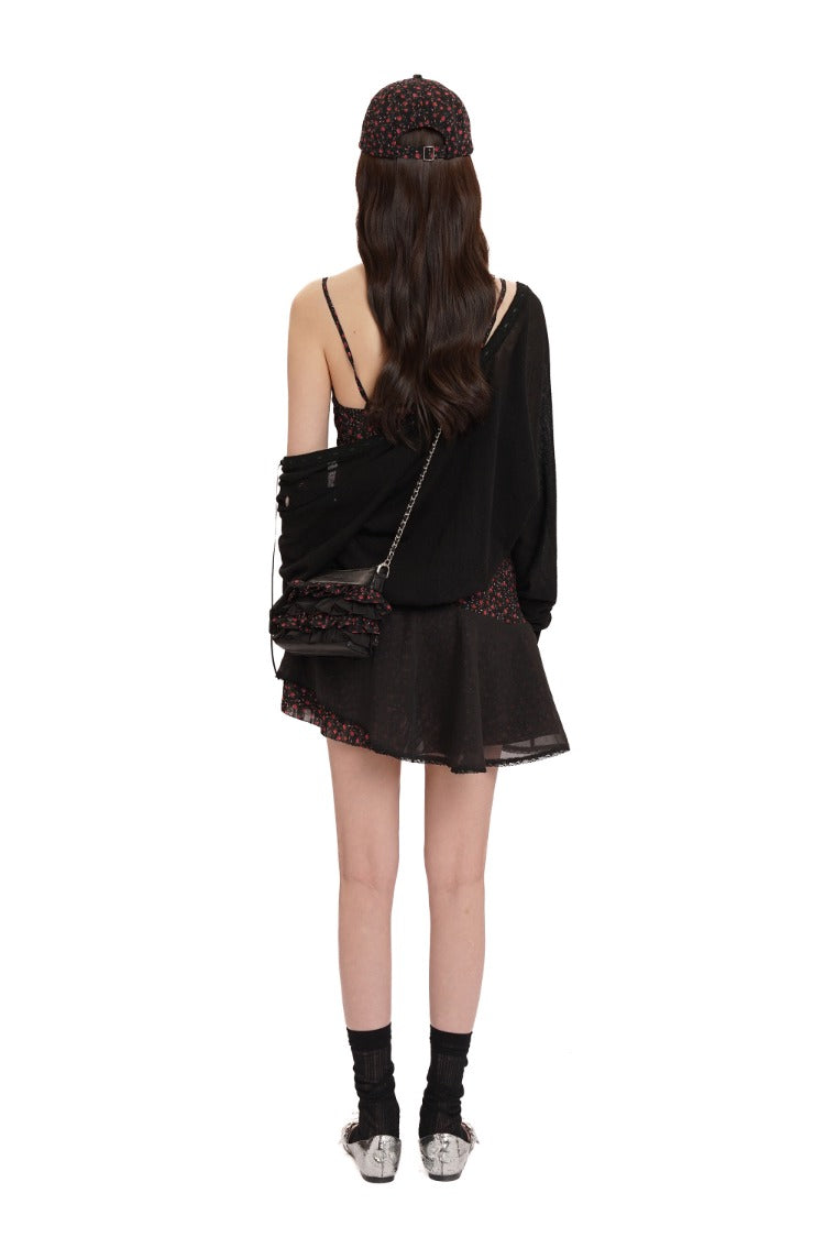 Plaid Floral Ribbon Bow Lace Trim Cami Dress