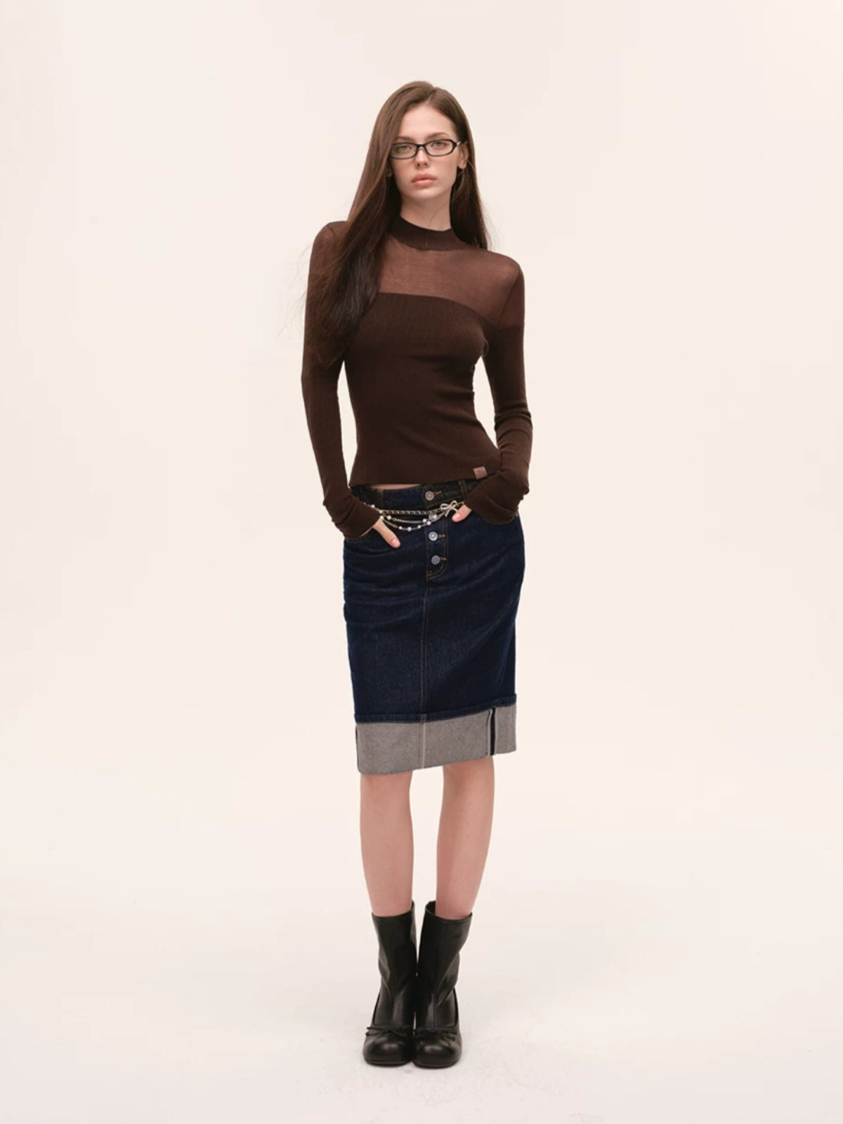 Sheer Mesh Mock Neck Fitted Knit Top
