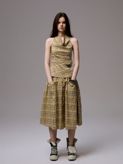 Plaid Halter Neck Backless Tank Top &amp; Midi Skirt Set