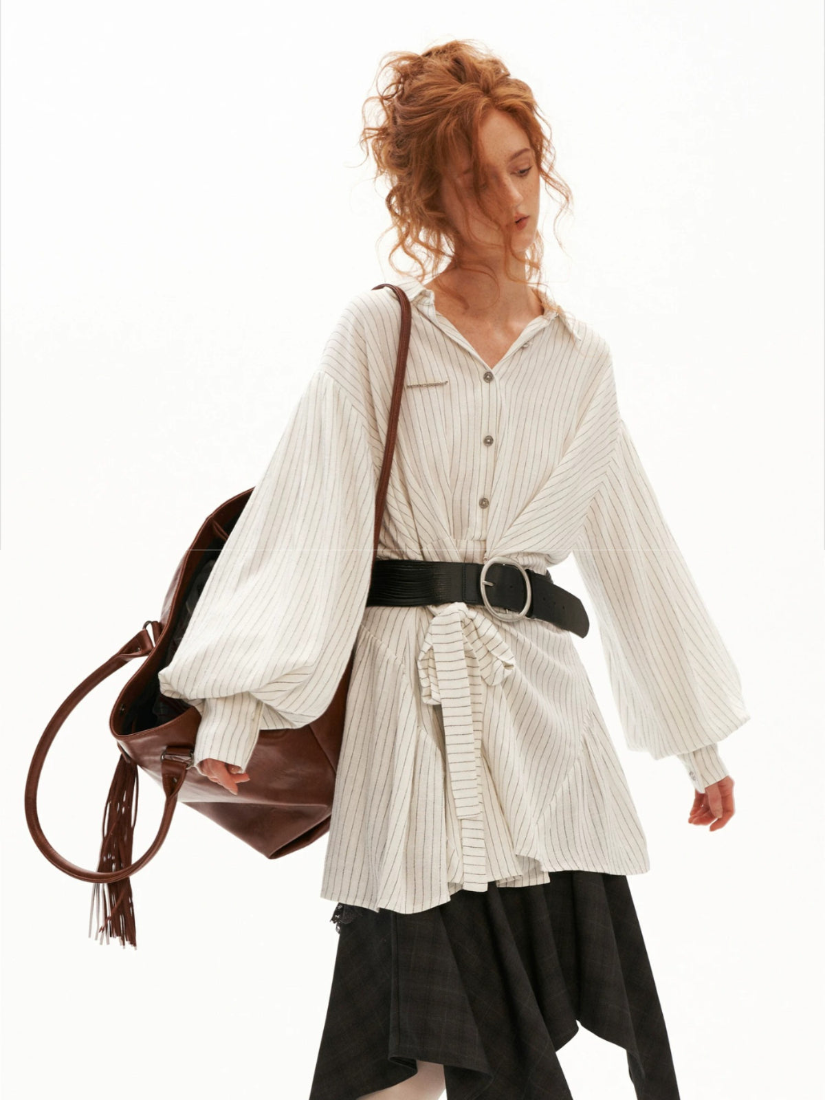 Striped Linen Tie Waist Long Shirt