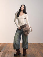Studded Asymmetric U-Neck Long Sleeve Knit Top
