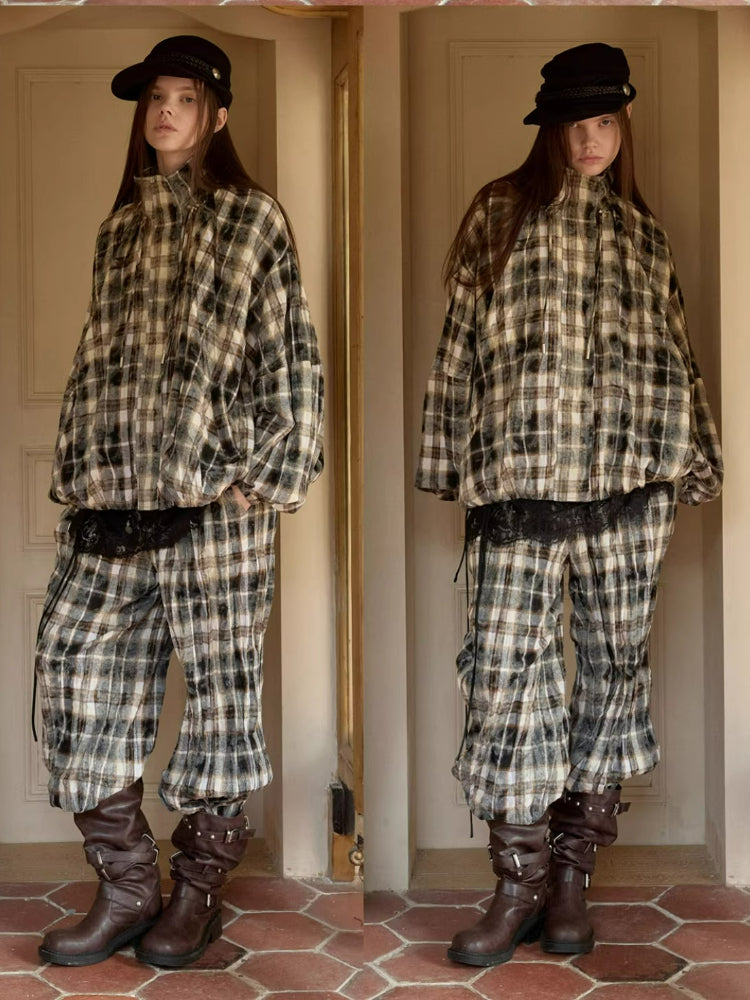 Plaid Crinkle Cargo Pants