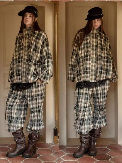 Plaid Crinkle Cargo Pants