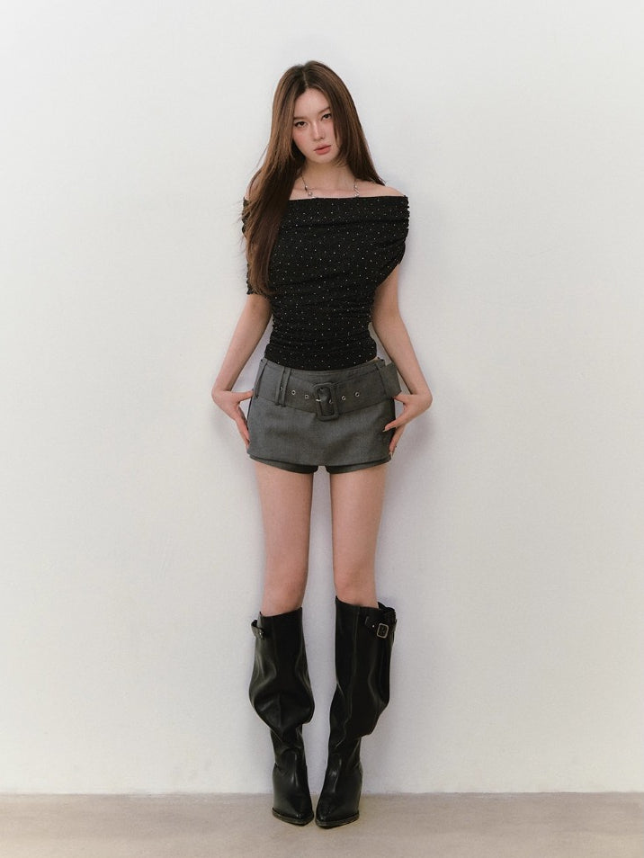 Rhinestone Off-the-Shoulder Pure-Desire Style T-shirt