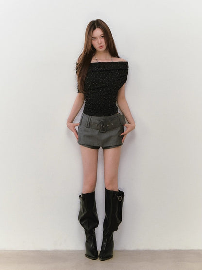 Rhinestone Off-the-Shoulder Pure-Desire Style T-shirt
