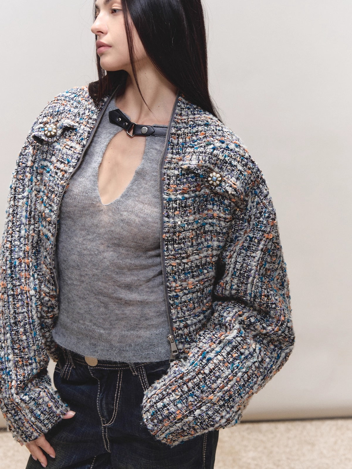 Wool Cutout Buttoned Slim Knit Top