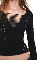 Rhinestone Cutout V-Neck Long Sleeve Top