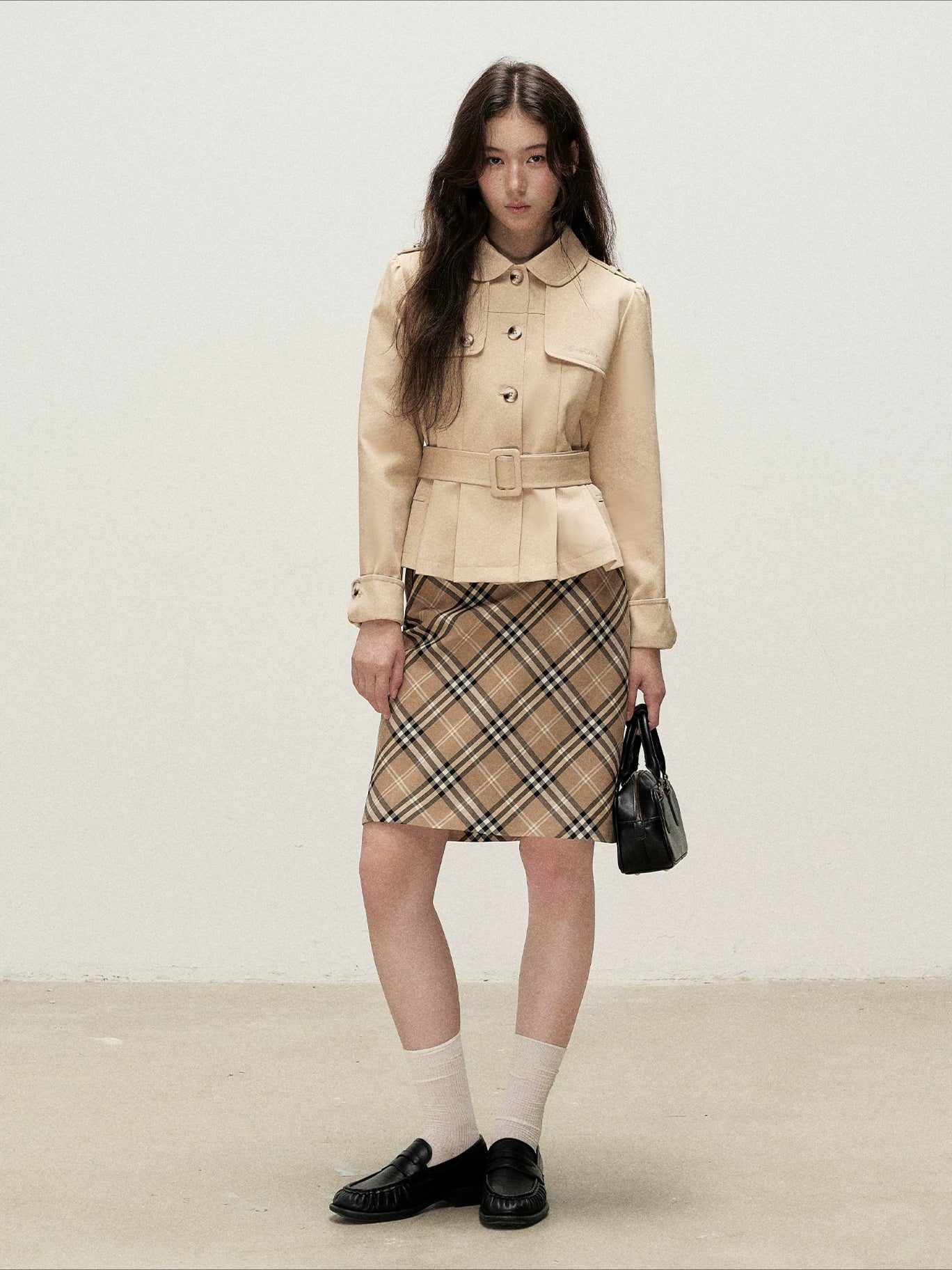 Brown Plaid Napoleon Midi Skirt