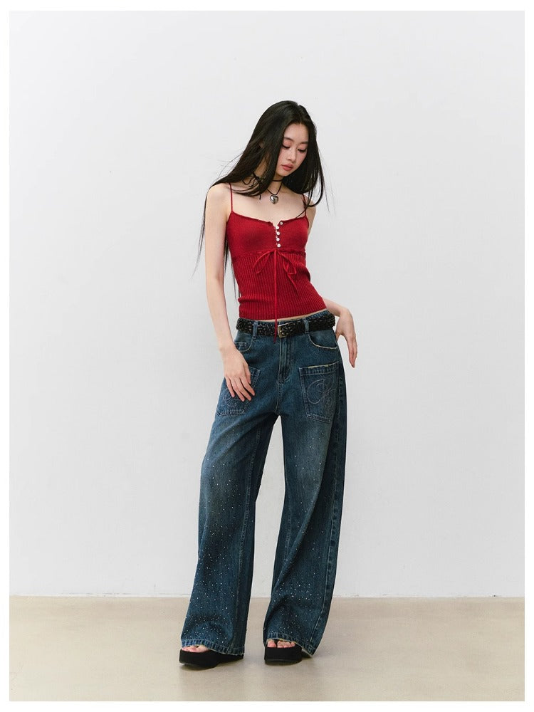 3D Rhinestone Wide-leg Denim Pants