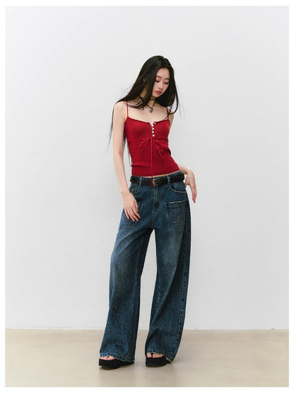 3D Rhinestone Wide-leg Denim Pants