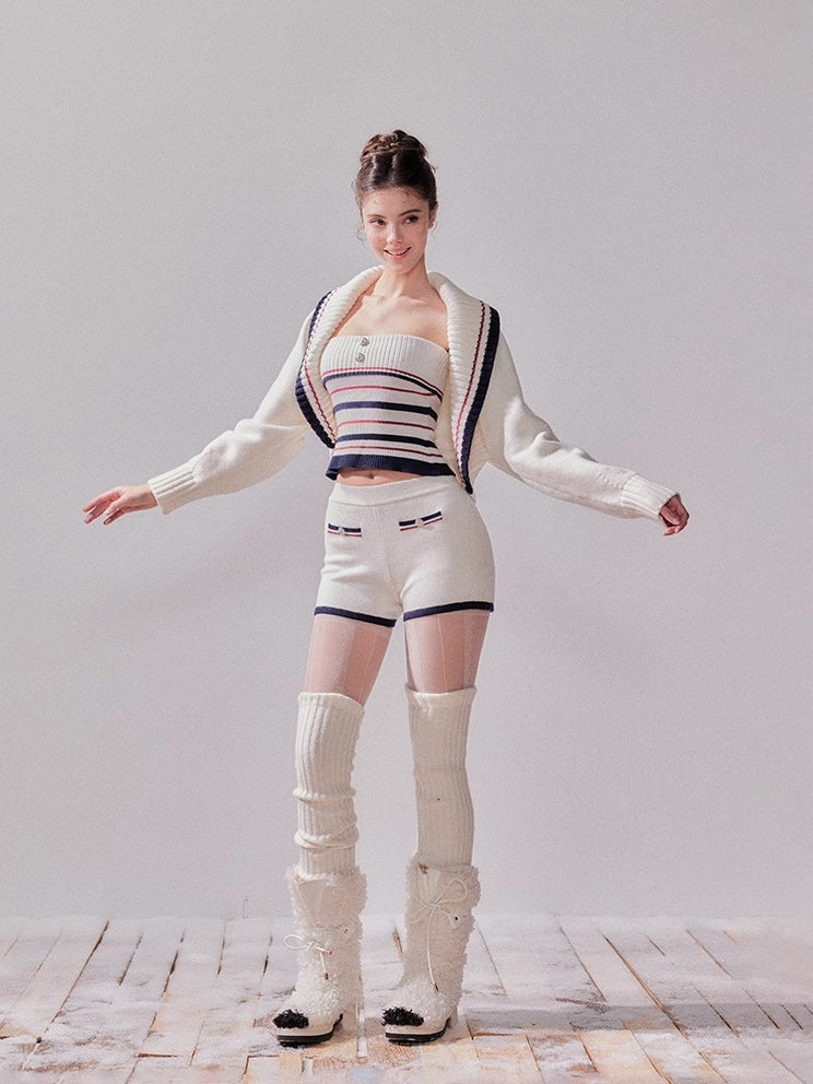 Striped Oversized Collar Knit Cardigan and Pants Set