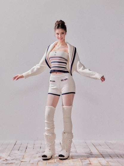 Striped Oversized Collar Knit Cardigan and Pants Set