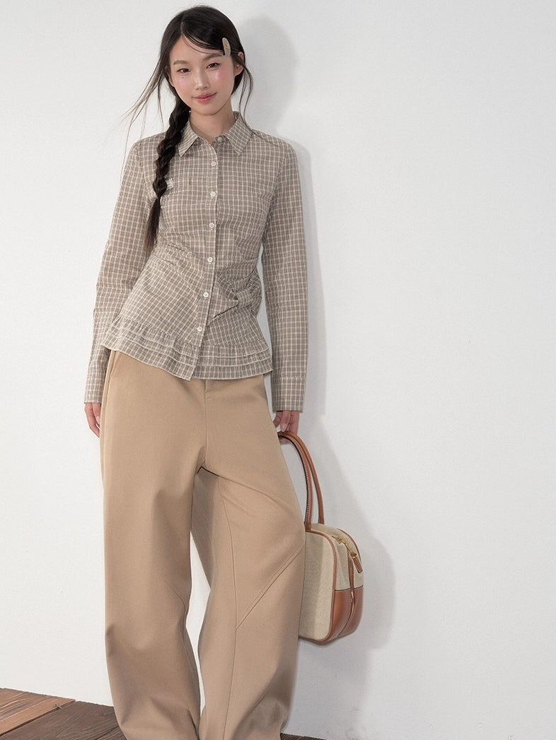 Khaki &amp; White Vintage Plaid Blouse