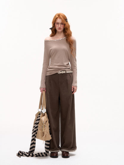 Plaid Cuff Belted Wide-Leg Pants