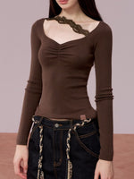 Ruched Lace Detail Knit Top