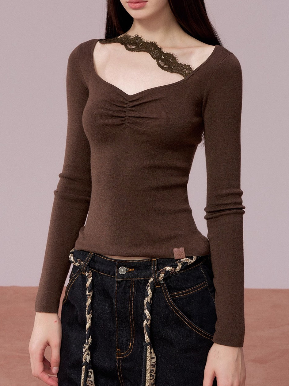 Ruched Lace Detail Knit Top