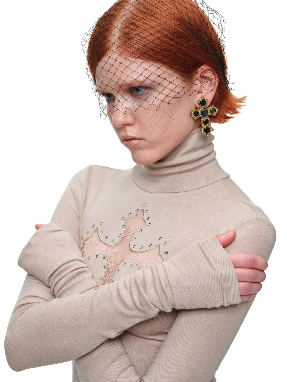 Cross Lace Rhinestone Turtleneck Top
