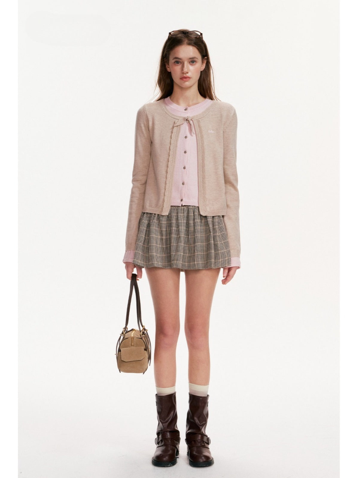 Contrast Layered Bow Knit Cardigan