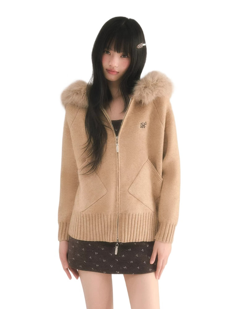 Detachable Fur Collar Knit Cardigan