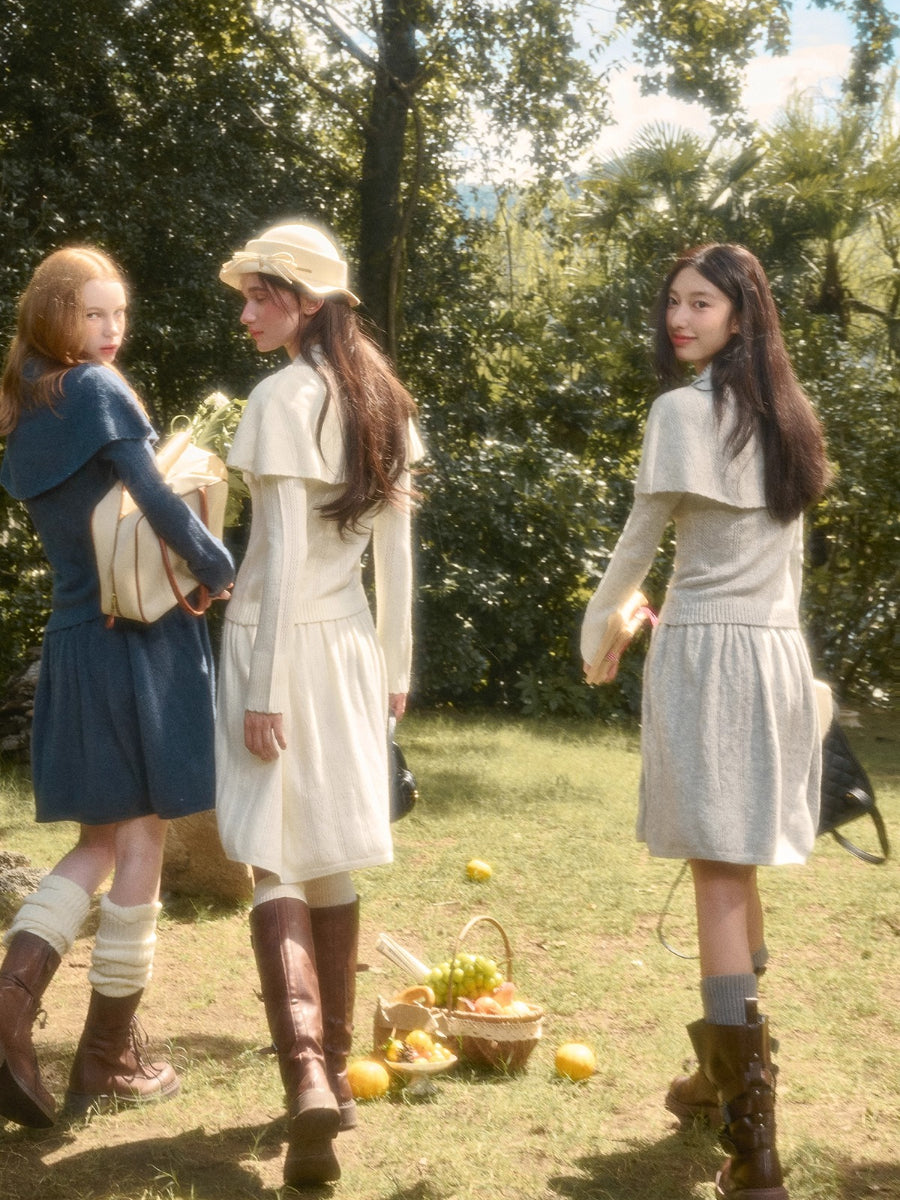 Snow Library Wool Knit Cape Cardigan &amp; Skirt Set