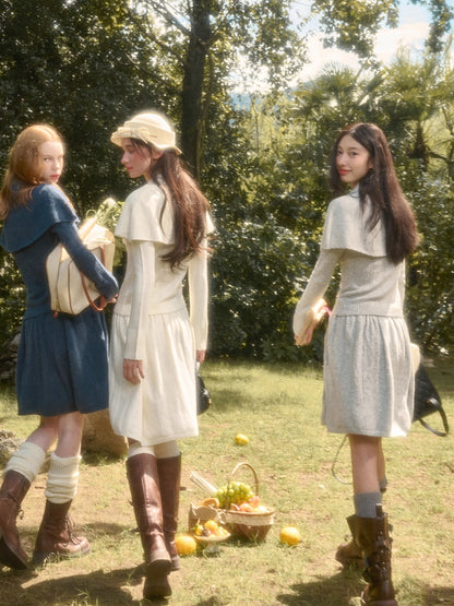 Snow Library Wool Knit Cape Cardigan &amp; Skirt Set