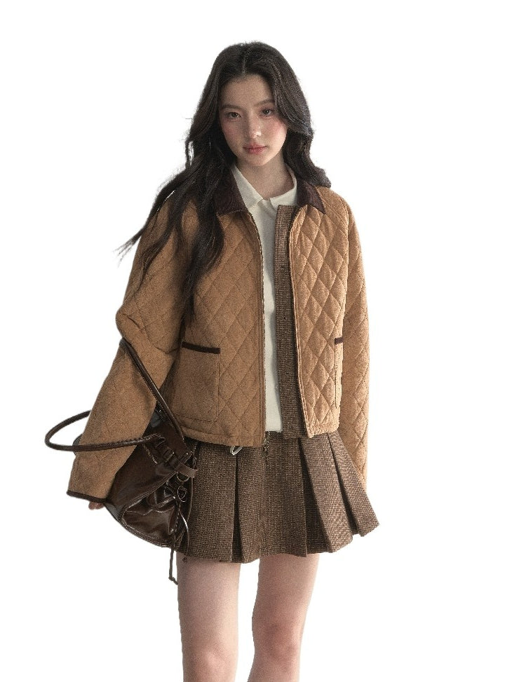 “Cerlue” Reversible Houndstooth Jacket &amp; Pleated Skirt Set