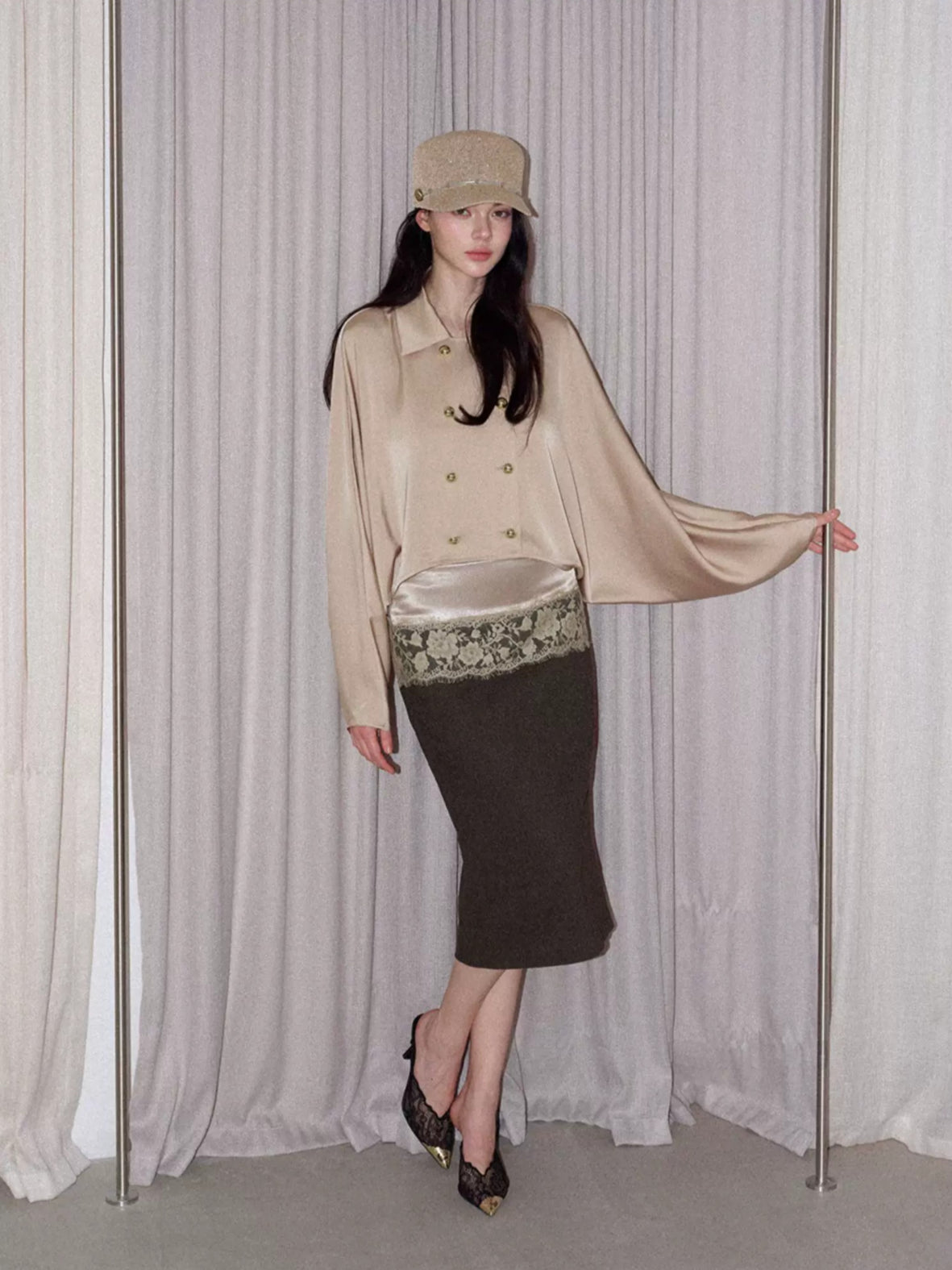 Lace Panel Midi Skirt