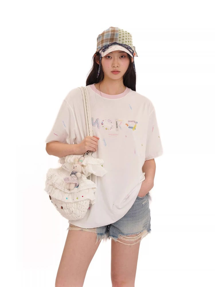 Colorful Rhinestone Print Ink Splash Contrast Color T-shirt