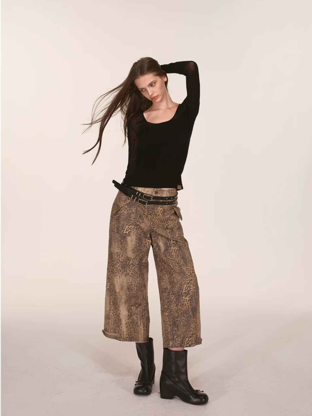 Washed Leopard Print Wide Leg Pants