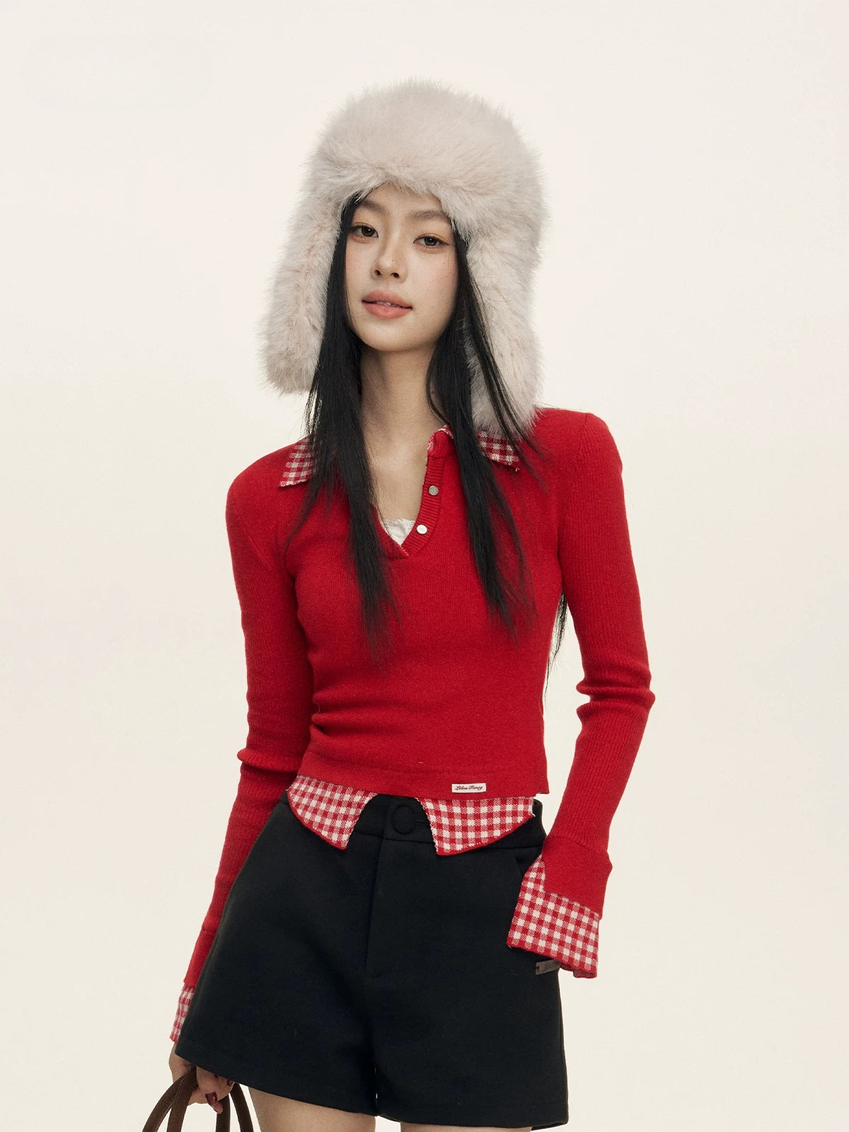 Gingham Layered Polo Knit Top