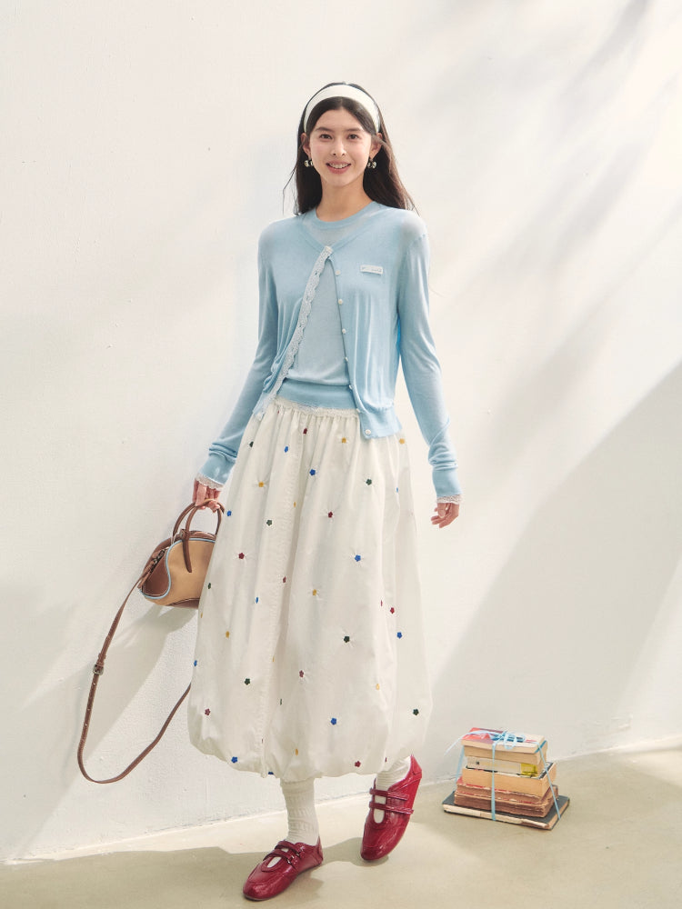 Lace Trimmed Crew Neck Knitted Cardigan Set