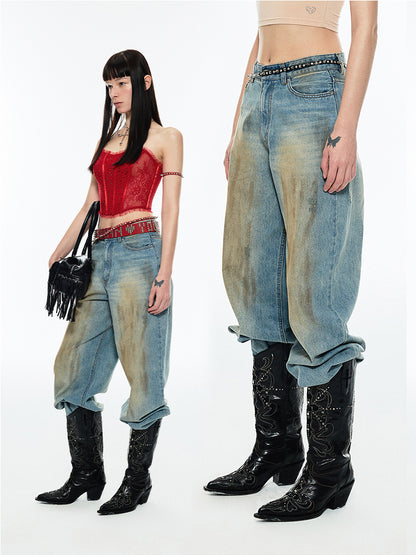 Vintage Mud‑Dye Straight‑leg Pants