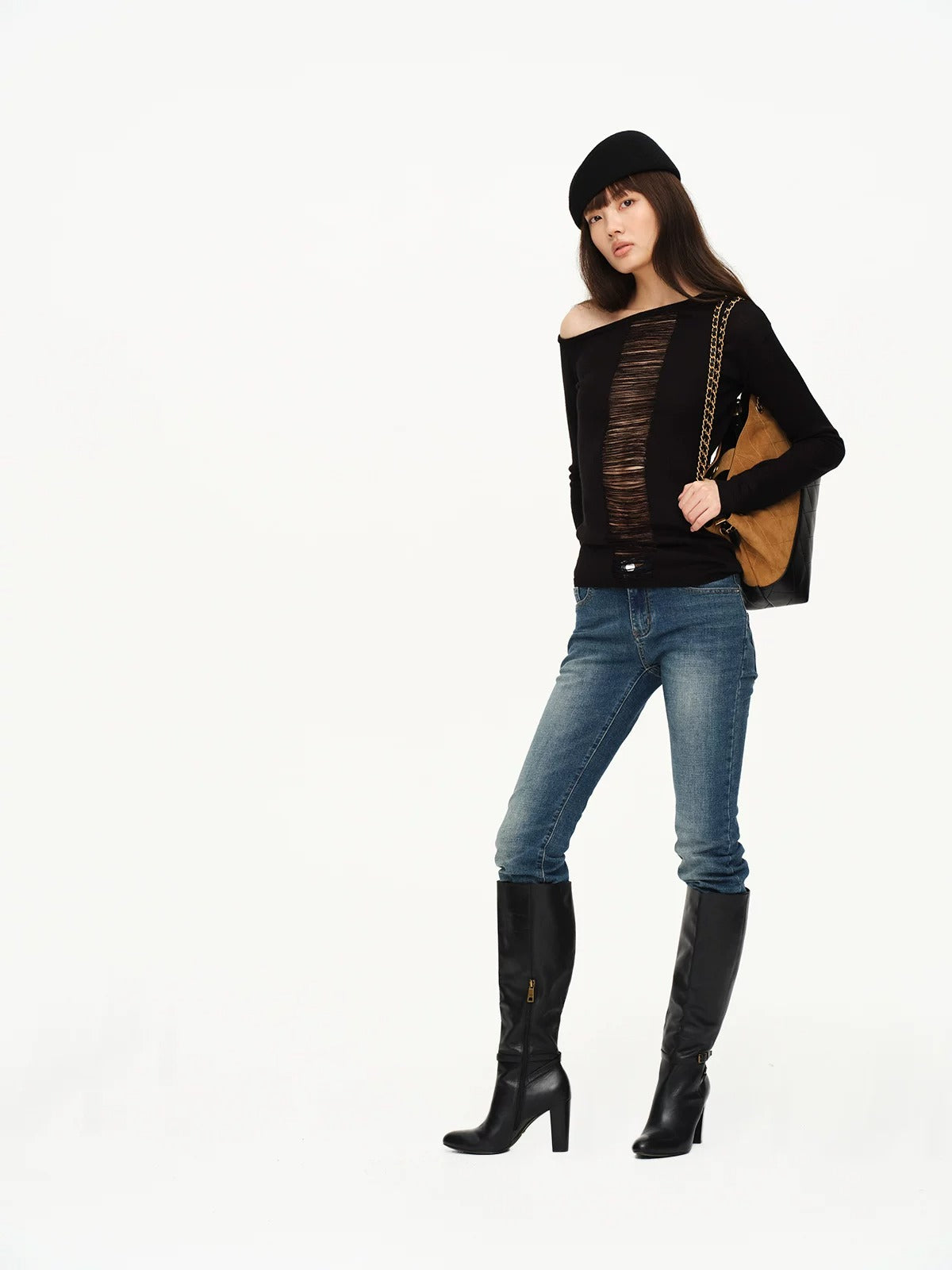 Two-Tone Openwork Merino Wool Sweater