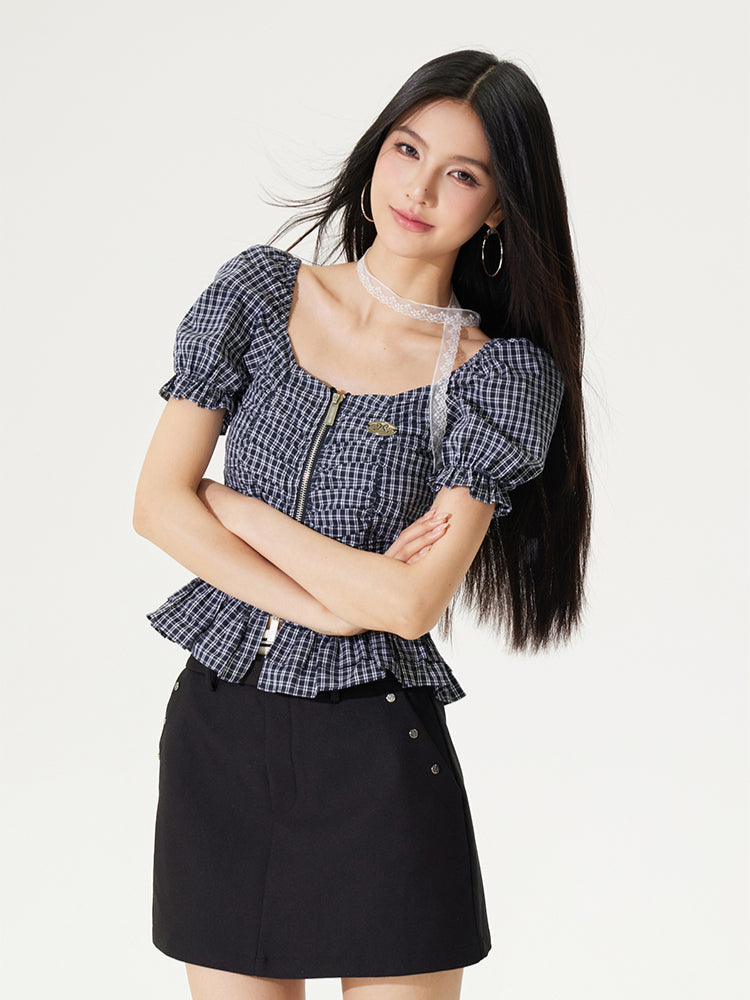 Puff Sleeve One-Word Collar Plaid Top